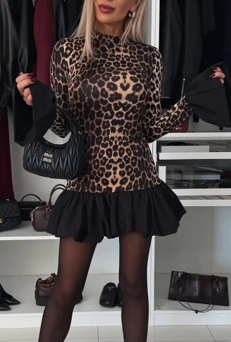 Kadın Uzun Kollu Bisiklet Yaka Leopar Desenli üst Modal Alt Trikoton Mini Elbise