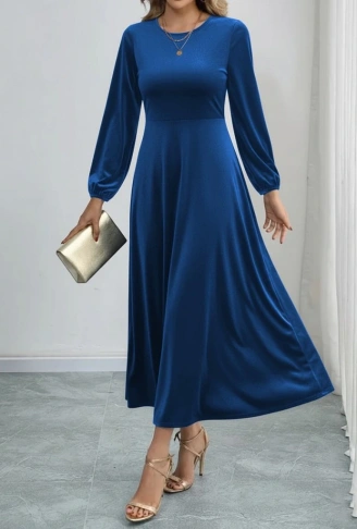 Kadın Uzun Kollu Bisiklet Yaka Midi Kadife Mavi Elbise