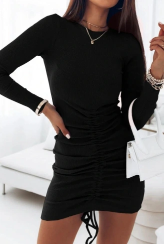 Kadın Uzun Kollu Bisiklet Yaka ön Büzgülü Kaşkorse Elbise