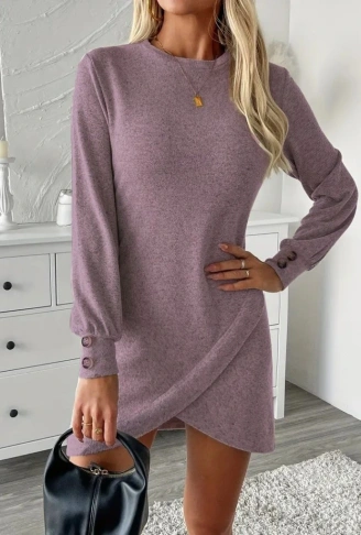 Kadın Uzun Kollu Bisiklet Yaka önden Asimetrik Kesim Detaylı Mini Yumoş Elbise