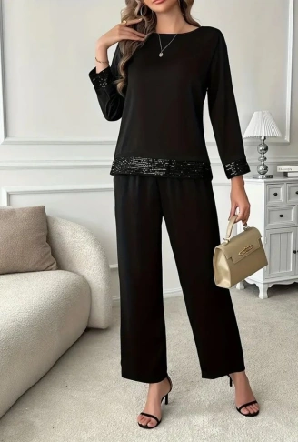 Kadın Uzun Kollu Bisiklet Yaka Pulpayetli Viskon Iki Iplik Bluz Ve Pantolon Ikili Takım