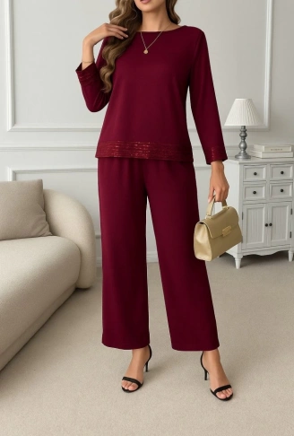 Kadın Uzun Kollu Bisiklet Yaka Pulpayetli Viskon Iki Iplik Bluz Ve Pantolon Ikili Takım