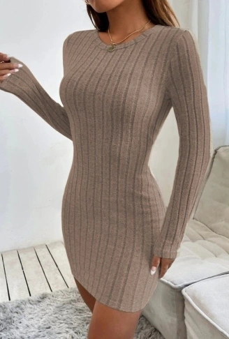 Kadın Uzun Kollu Bisiklet Yaka şardonlu Kalın Fitilli Kaşkorse Mini Boy Elbise