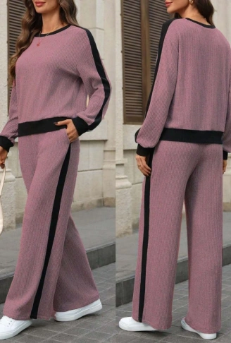 Kadın Uzun Kollu Bisiklet Yaka şardonlu Kaşkorse Bluz Ve Pantolon Ikili Takım