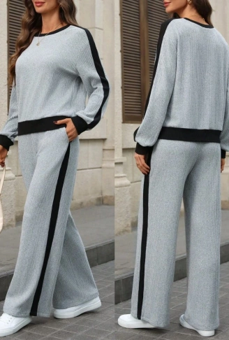 Kadın Uzun Kollu Bisiklet Yaka şardonlu Kaşkorse Bluz Ve Pantolon Ikili Takım