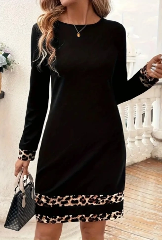 Kadın Uzun Kollu Bisiklet Yaka şerit Leopar Desenli Kısa Dalgıç Elbise