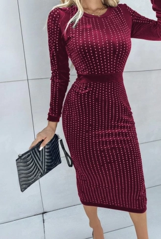 Kadın Uzun Kollu Bisiklet Yaka Taşlı Midi Kadife Elbise