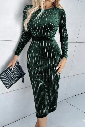 Kadın Uzun Kollu Bisiklet Yaka Taşlı Midi Kadife Elbise