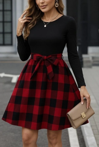 Kadın Uzun Kollu Bisiklet Yaka üst Viskon Alt Ekose Kısa Elbise