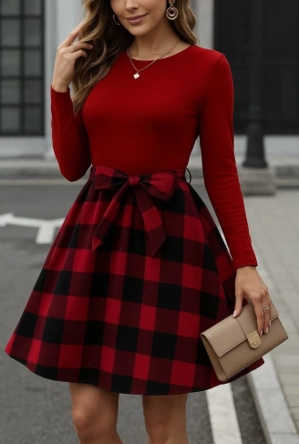 Kadın Uzun Kollu Bisiklet Yaka üst Viskon Alt Ekose Kısa Elbise