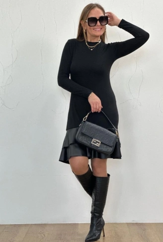 Kadın Uzun Kollu Bisiklet Yaka üst Viskon Etek Ucu Deri Kısa Elbise