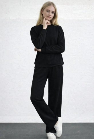 Kadın Uzun Kollu Bisiklet Yaka Viskon Iki Iplik Bluz Ve Pantolon Ikili Takım