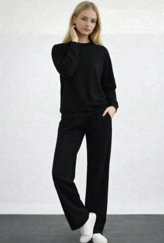 Kadın Uzun Kollu Bisiklet Yaka Viskon Iki Iplik Bluz Ve Pantolon Ikili Takım