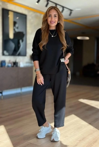 Kadın Uzun Kollu Bisiklet Yaka Viskon Iki Iplik Bluz Ve Pantolon Ikili Takım