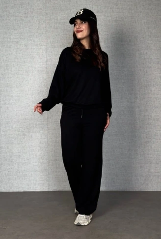 Kadın Uzun Kollu Bisiklet Yaka Viskon Iki Iplik Bluz Ve Pantolon Ikili Takım