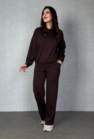 Kadın Uzun Kollu Bisiklet Yaka Viskon Iki Iplik Bluz Ve Pantolon Ikili Takım