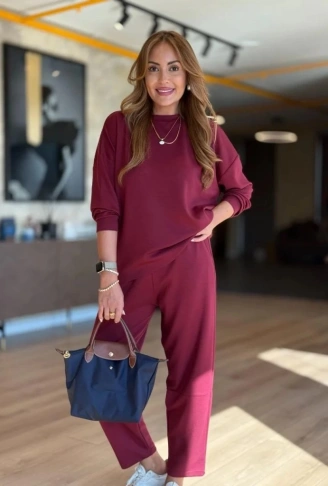 Kadın Uzun Kollu Bisiklet Yaka Viskon Iki Iplik Bluz Ve Pantolon Ikili Takım