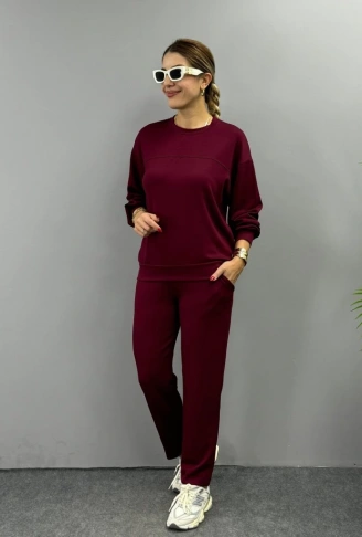 Kadın Uzun Kollu Bisiklet Yaka Viskon Iki Iplik Bluz Ve Pantolon Ikili Takım