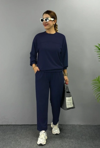 Kadın Uzun Kollu Bisiklet Yaka Viskon Iki Iplik Bluz Ve Pantolon Ikili Takım