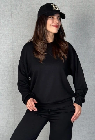 Kadın Uzun Kollu Bisiklet Yaka Viskon Iki Iplik Bluz Ve Pantolon Ikili Takım