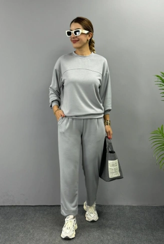 Kadın Uzun Kollu Bisiklet Yaka Viskon Iki Iplik Bluz Ve Pantolon Ikili Takım
