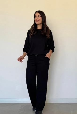 Kadın Uzun Kollu Bisiklet Yaka Viskon Iki Iplik Bluz Ve Pantolon Ikili Takım