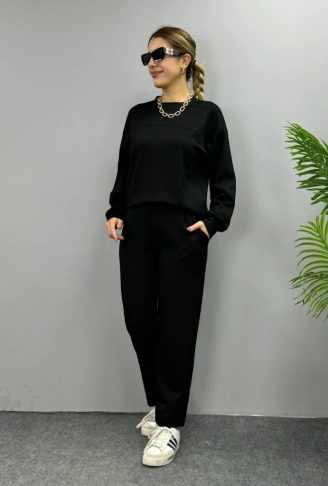 Kadın Uzun Kollu Bisiklet Yaka Viskon Iki Iplik Bluz Ve Pantolon Ikili Takım
