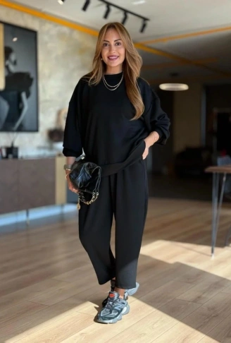 Kadın Uzun Kollu Bisiklet Yaka Viskon Iki Iplik Bluz Ve Pantolon Ikili Takım