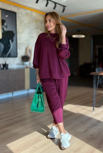 Kadın Uzun Kollu Bisiklet Yaka Viskon Iki Iplik Mor Bluz Ve Pantolon Ikili Takım