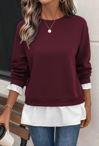 Kadın Uzun Kollu Bisiklet Yaka Viskon Iki Iplik Ve Etek Ucu Trikoton Bluz
