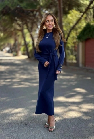 Kadın Uzun Kollu Bisiklet Yaka Yandan Bağlamalı Uzun Modal Elbise
