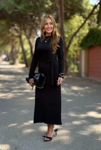 Kadın Uzun Kollu Bisiklet Yaka Yandan Bağlamalı Uzun Modal Elbise