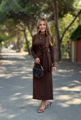 Kadın Uzun Kollu Bisiklet Yaka Yandan Bağlamalı Uzun Modal Elbise