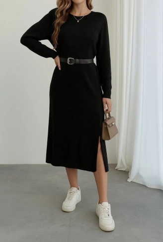 Kadın Uzun Kollu Bisiklet Yaka Yandan Yırtmaçlı Midi Triko Elbise