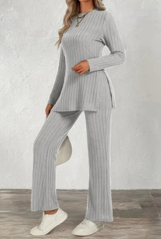 Kadın Uzun Kollu Bisiklet Yaka Yandan Yırtmaçlı şardonlu Kaşkorse Bluz Ve Pantolon Ikili Takım