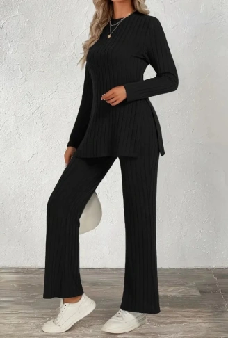 Kadın Uzun Kollu Bisiklet Yaka Yandan Yırtmaçlı şardonlu Kaşkorse Bluz Ve Pantolon Ikili Takım