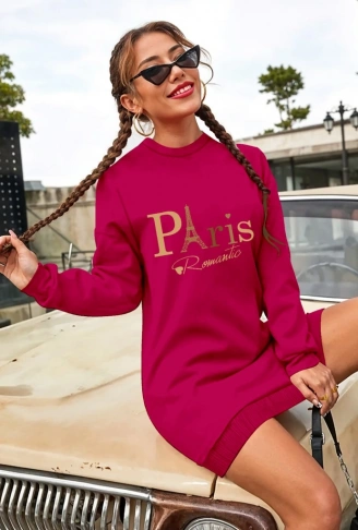 Kadın Uzun Kollu Bisiklet Yaka Yazılı Kısa Viskon Iki Iplik Elbise