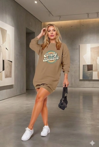 Kadın Uzun Kollu Bisiklet Yaka Yazılı Viskon Iki Iplik Elbise