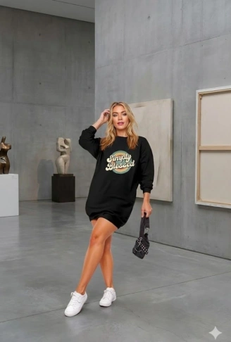 Kadın Uzun Kollu Bisiklet Yaka Yazılı Viskon Iki Iplik Elbise