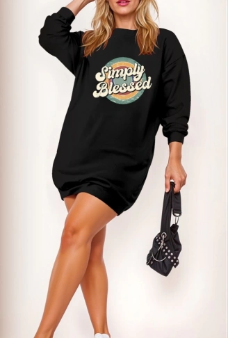 Kadın Uzun Kollu Bisiklet Yaka Yazılı Viskon Iki Iplik Elbise