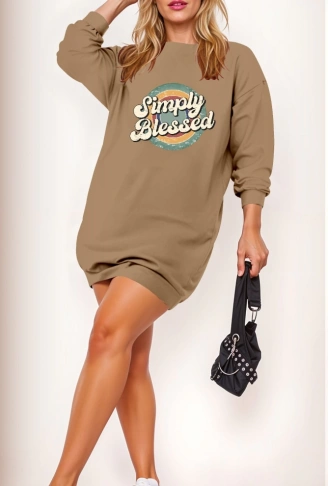 Kadın Uzun Kollu Bisiklet Yaka Yazılı Viskon Iki Iplik Elbise