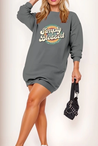 Kadın Uzun Kollu Bisiklet Yaka Yazılı Viskon Iki Iplik Elbise