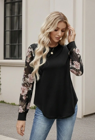 Kadın Uzun Kollu Bisiklet Yakalı Kolun çiçek Desenli Viskon Iki Iplik Bluz