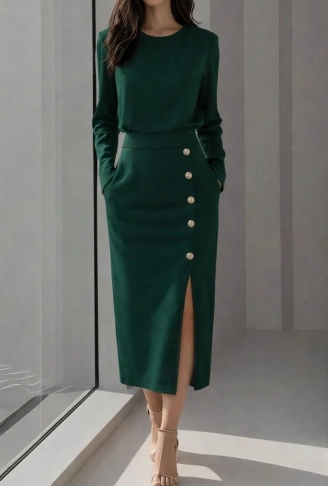 Kadın Uzun Kollu Bisiklet Yakalı Yandan Yırtmaçlı Düğmeli Midi Ithal Krep Elbise