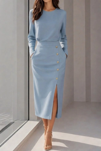 Kadın Uzun Kollu Bisiklet Yakalı Yandan Yırtmaçlı Düğmeli Midi Ithal Krep Elbise