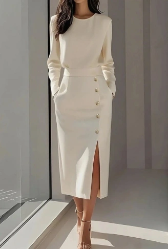 Kadın Uzun Kollu Bisiklet Yakalı Yandan Yırtmaçlı Düğmeli Midi Ithal Krep Elbise