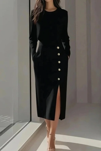 Kadın Uzun Kollu Bisiklet Yakalı Yandan Yırtmaçlı Düğmeli Midi Ithal Krep Elbise