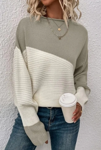 Kadın Uzun Kollu Blok Desenli Triko Bluz