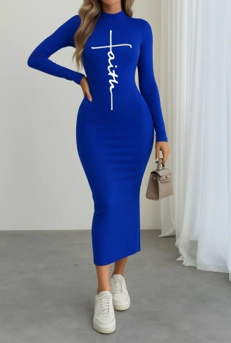 Kadın Uzun Kollu Boğazlı Baskı Detaylı Viskon Tam Boy Elbise