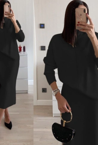 Kadın Uzun Kollu Boğazlı Kazak Ve Yanı Yırtmaçlı Etek Akrilik Ikili Takım